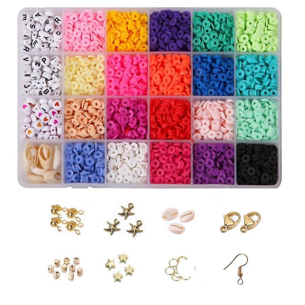 Flad rund Polymer Clay Spacer Beads Kit Charms Elastic String Lobster Clasp Box