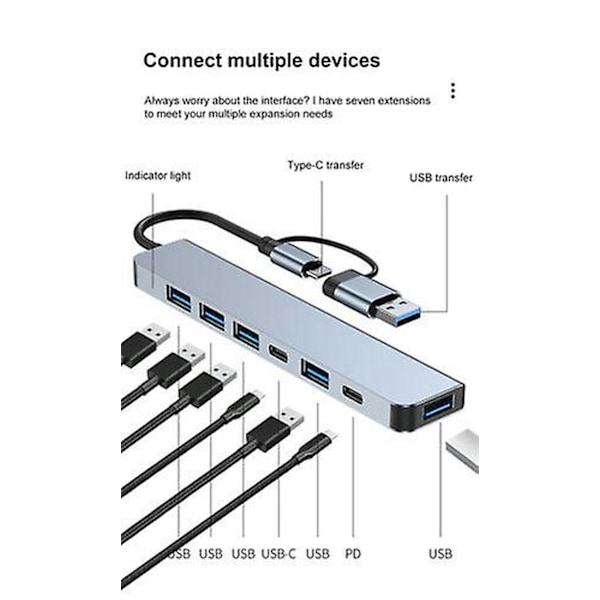 7 i 1 dockingstation Usb-c aluminium opladning Usb 3.0 Hdmi kompatibel Pd/tf-kort