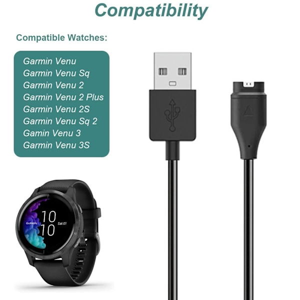 Lader for Garmin Venu 3/Venu 3S/Venu 2/Venu 2 Plus/Venu 2S/Venu Sq 2/Venu Sq/Venu, ladekabel plus en portbeskytter