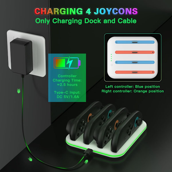 4-i-1-lader for Switch 2 Joy Con-ladestasjon med LED-indikator, hvit