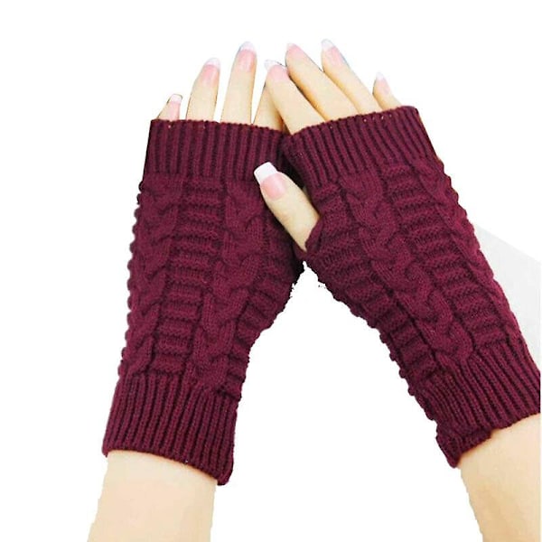 Stickade fingerlösa handskar för män och kvinnor, mode unisex mjuka vintervarma ullvantar Wine red