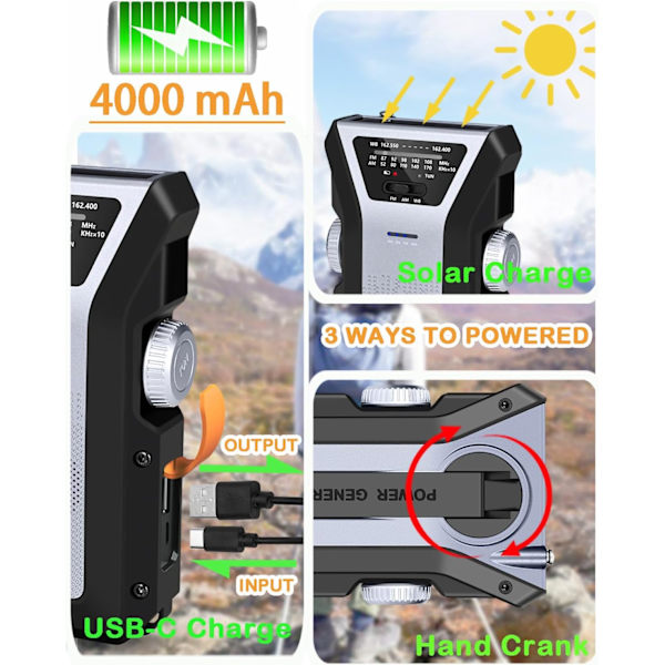 Hätäkäsiradio 4000 mAh Kannettava aurinko AM/FM/NOAA-sääradio SOS-hälytyksellä, LED-taskulampulla/hopea