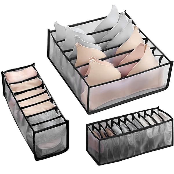 Underwear Organizer Skuffeopdeler, sæt med 3 inklusive 6+7+11 celler Black