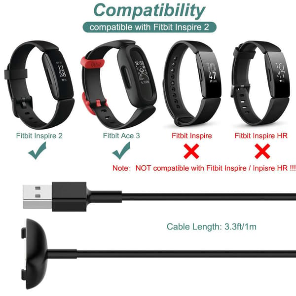 Laddare för Fitbit Inspire 2 / Fitbit Ace 3, kompatibel ersättnings-USB-laddningskabel [2-pack, 3,3ft/1m]