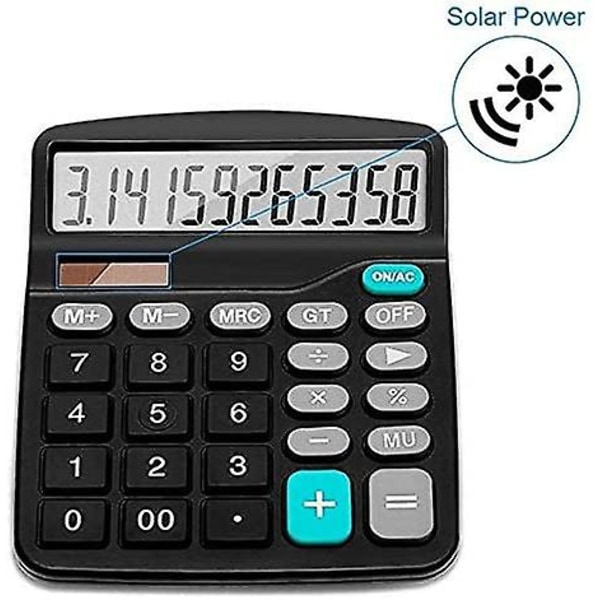 Elektronisk skrivebordslommeregner med 12-cifret stort display, solbatteri, LCD-display, kontorlommeregner, sort