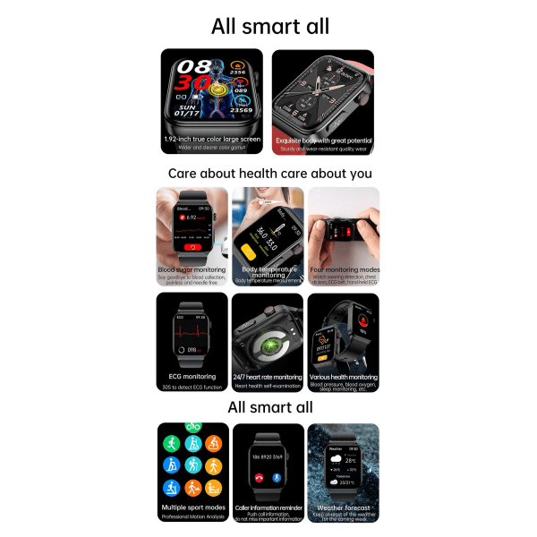 Ny E500 Blodsocker Smart Watch EKG-övervakning Blodtryck Kroppstemperatur Smartwatch Herr Ip68 Vattentät Fitness Tracker - Smart Watches Black leather