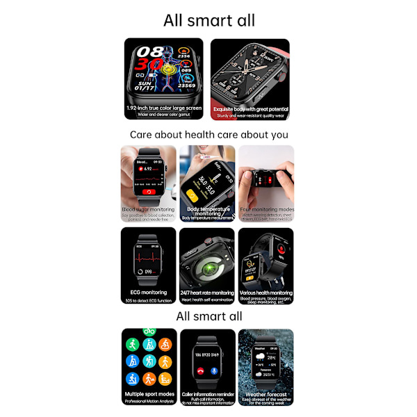 Ny E500 Blodsukker Smart Klokke Ekg Overvåking Blodtrykk Kroppstemperatur Smartwatch Menn Ip68 Vanntett Fitness Tracker - Smartklokker Red-ECG Band