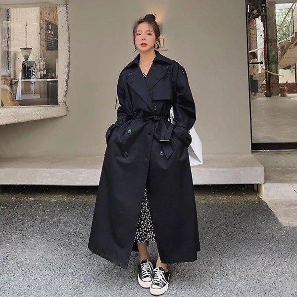 Trenchcoat för kvinnor Lös oversize lång jacka Dubbelknäppt bälte Dammantel Grå vindjacka Black S
