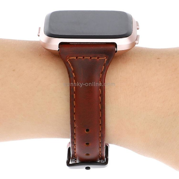 Til Fitbit Versa Crazy Horse Texture ægte læderurrem Red Brown