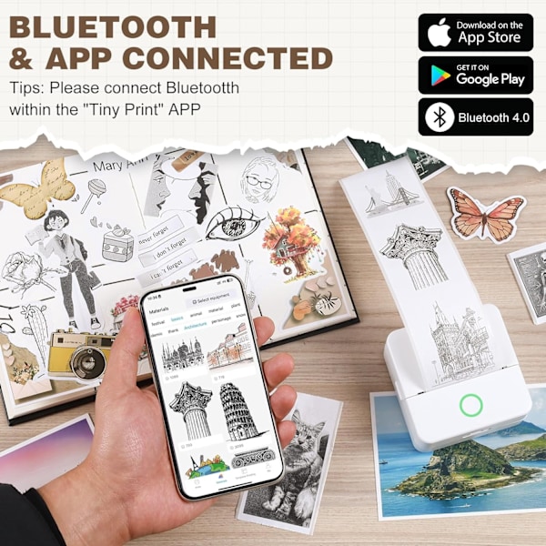 Mini Termisk Printer, Trådløs Etiketprinter med Bånd, Kompatibel med iOS og Android Hvid