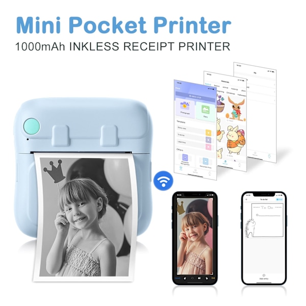 Bærbar fotoprinter med 7 ruller trykkpapir, mini blekkfri skriver for iOS og Android