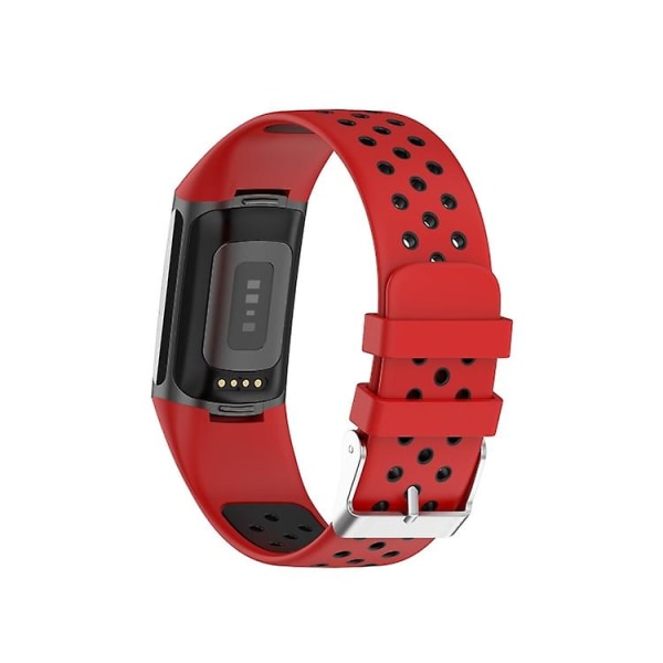 For Fitbit Charge 5 dobbel farge metallspennehull silikonklokkebånd Red Black