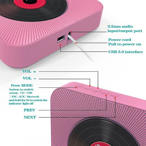 Bluetooth Cd-spelare Väggmonterbar Hem Audio Boombox Med Fjärrkontroll Hifi Högtalare Full Band Fm Radio blue