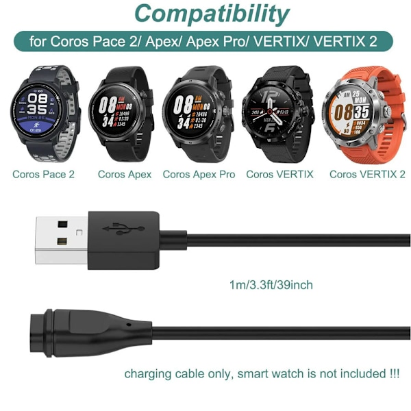Lader for Coros Pace 3, Pace 2, Apex, Apex Pro, Vertix, Vertix 2, Kompatibel Erstatnings Ladekabel