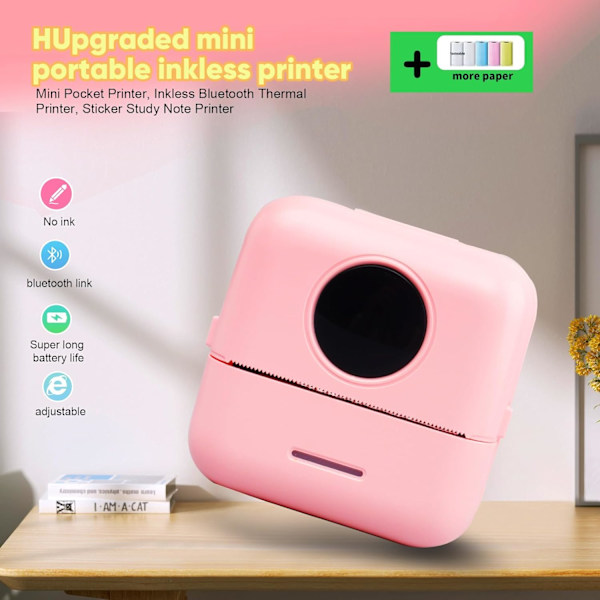 Bærbar Lomme Inkless Bluetooth Termisk Printer med 5 Ruller Papir til Dagbog/DIY Scrapbooking/Rejser/Noter Pink