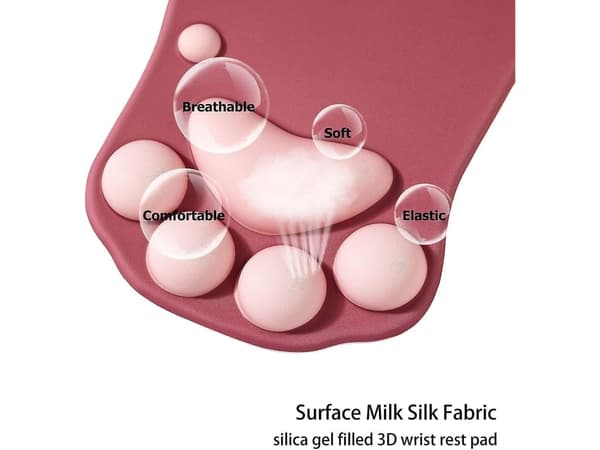 Musematte med kattepote og håndleddsstøttepute, myk silikon håndleddsstøtte, ergonomisk musematte, mørkerød