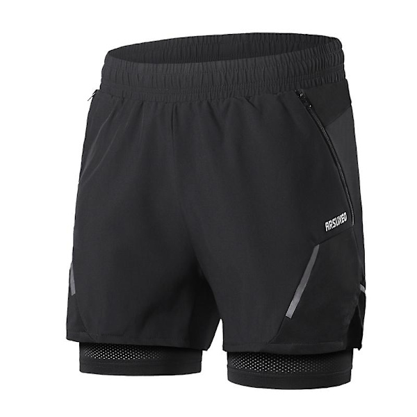 2-i-1 løpeshorts for menn med lommer med glidelås Hurtigtørrende treningsshorts for treningsstudio trening Black S