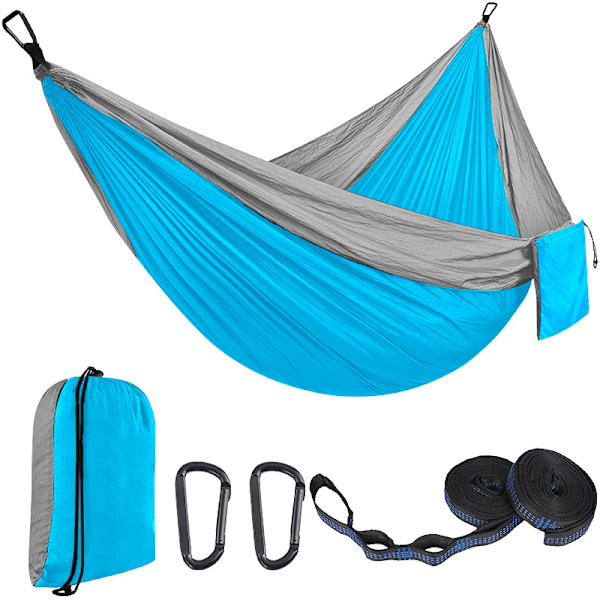 Udendørs Camping Hængekøje Bærbar 210D Nylon Gynge Hængekøje Til Baghave Have (Grå Blå/270X140Cm)