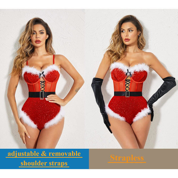 Undertøj til kvinder Snap Crotch Bodysuit Julemandskostumer Dyb V Boudior Outfits
