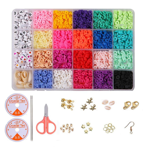 Flad rund Polymer Clay Spacer Beads Kit Charms Elastic String Lobster Clasp Box