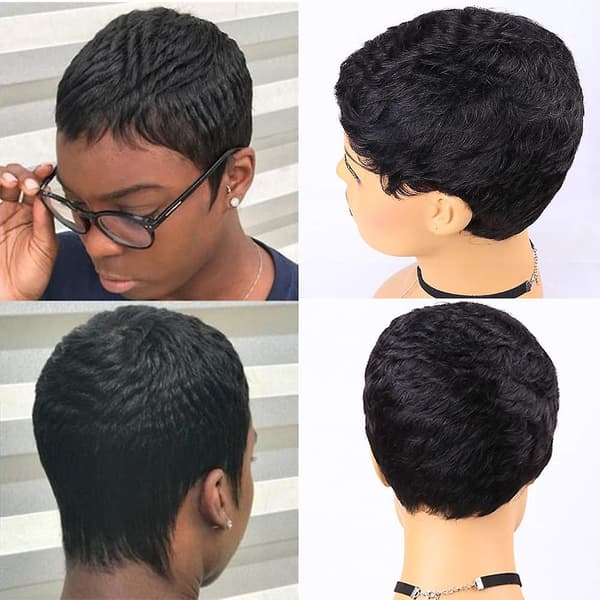 Kort människohår Pixie Peruker Pixie Cut Korta svarta vågiga peruker Layered Kort människohår Peruker för svarta kvinnor (pixie Cut Peruker, 1b#)