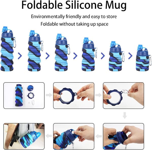 Bærbar silikone foldevandflaske 500ml med karabinhage Blue