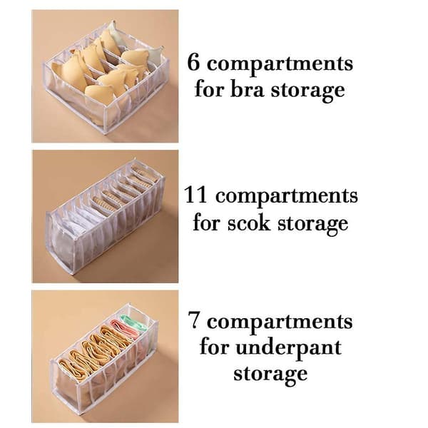Underwear Organizer Skuffeskiller, sett med 3 Inkluderer 6+7+11 Celler White
