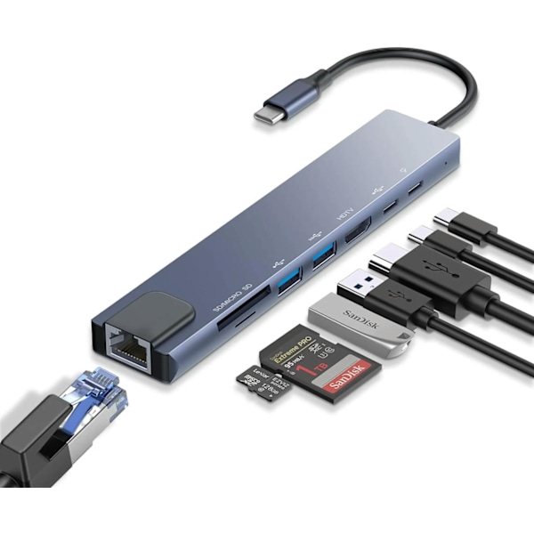 USB C -keskitin Ethernet, 4K USB C - HDMI -keskitin, 8-in-1-monitoiminen USB C -sovitin, tyyppi C -telakka, yhteensopiva MacBook Pro Air Ipadin kanssa
