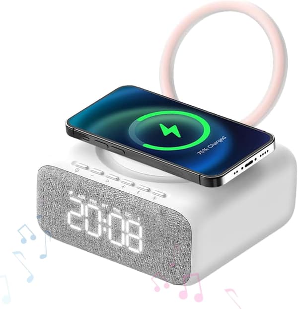 Väckarklocka Multifunktionell Bluetooth Mini Högtalare 15W Snabb Trådlös Laddare Vit