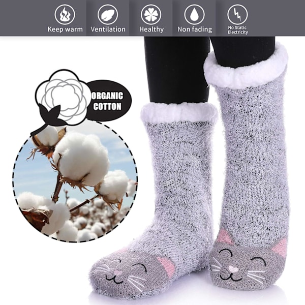 Halkfria Toffelsockor för Kvinnor Mjuka Luddiga Bekväma Grepp Vinter Varma Djur grey