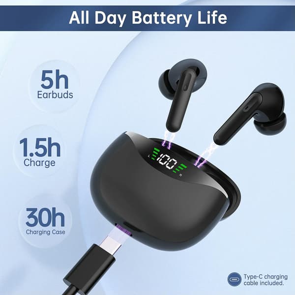 Ekte trådløse Bluetooth-ørepropper med USB-C hurtigladeetui, IPX7 vanntette hodetelefoner for iPhone/Android svart