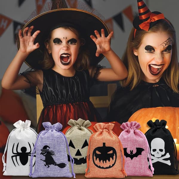 6 st Halloween presentpåsar, förvaringspåsar med dragsko för godis och snacks White 10x14cm
