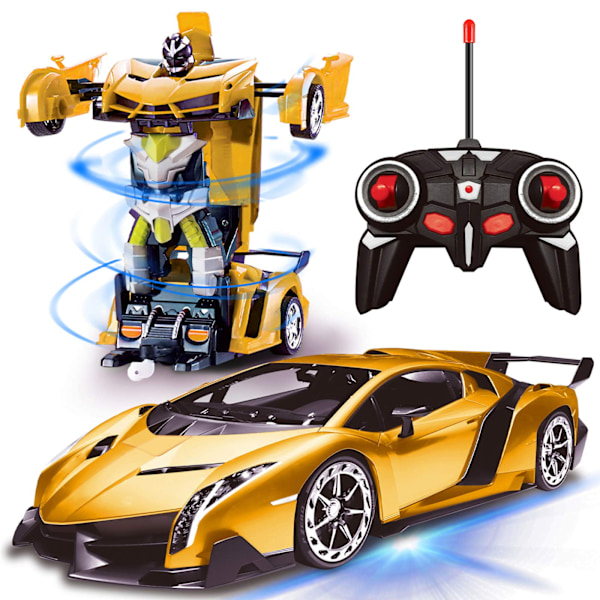 Kauko-ohjattava muuntautuva auto robottilelu 2.4Ghz 1:18 ladattava 360° pyörivä temppukilpailu keltainen