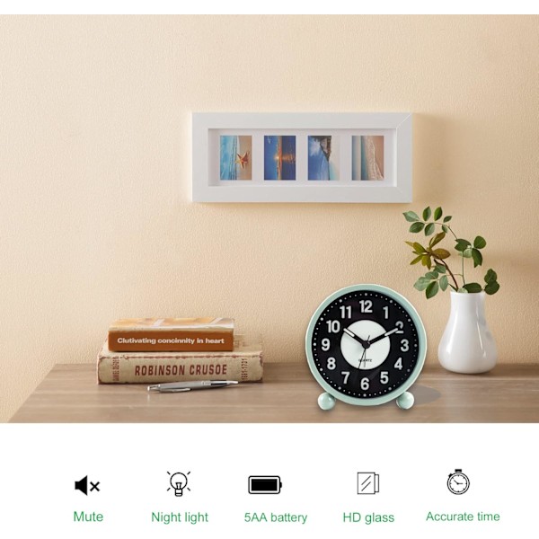 Väckarklocka 4 \"Rund Tyst Analog Bordsklocka Grön