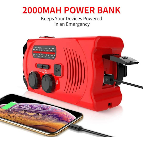 Hätäsääradio, hätä-LED-taskulamppu, 2000mAh power ja SOS