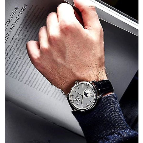 Nahkaiset watch , alligaattorin vaihtohihna miehille, naisille hopeisella perhossolkilla Black 21mm