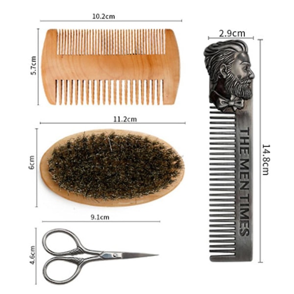 4-delt skægkam Sæt Revolution Beard Comb Skægbørstesæt til mænd - Naturlig ornebørste