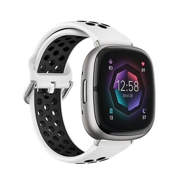 For Fitbit Sense 2 tofarget perforert pustende silikonklokkerem White-Black