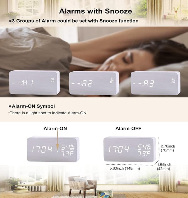 Vækkeur Træ Digitalt Ur til Soveværelse Snooze Moderne