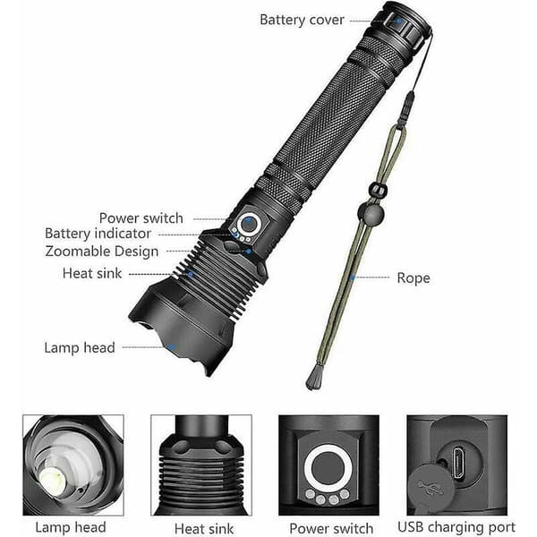 2024 Led-taskulamppu, 90000 lumenia Xhp70 Super Powerful Adjustable Zoomable Waterproof Torch, Usb-ladattava taskulamppu