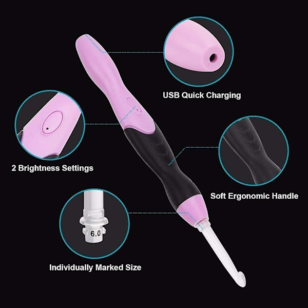 Oplyst hæklenålssæt, udskiftelige hoveder i 9 størrelser 2,5 mm til 6,5 mm med ergonomisk greb