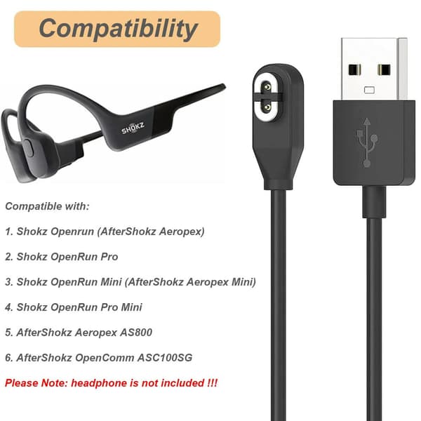 Lader for Shokz Openrun/Openrun Pro/Openrun Mini/Aftershokz Aeropex og Opencomm, (2-pakning, 3,3ft/1m)