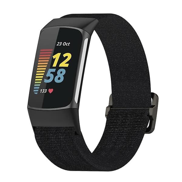 For Fitbit Charge 5 Elastisk Nylon Braid Watch Band Black