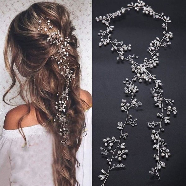 Brude rosa guld og guld sølv ekstra lang perle og bryllup hoved brude hår tilbehør (sølv)