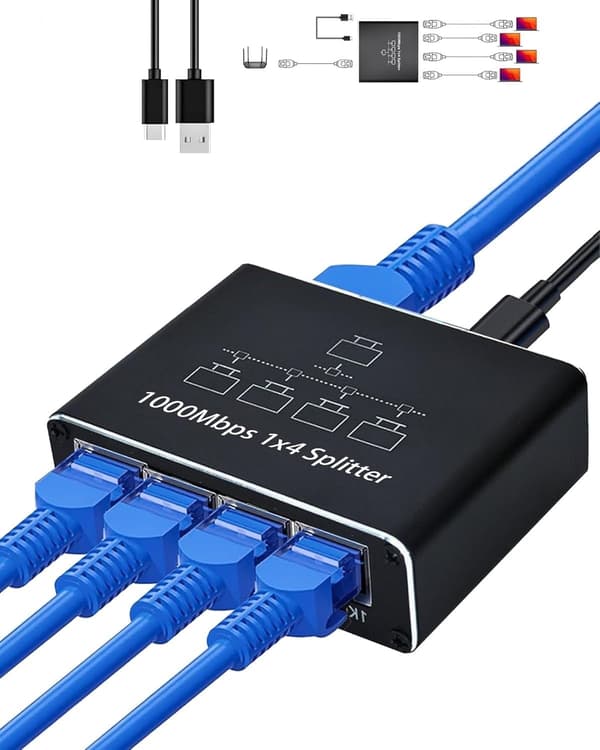 Ethernet Splitter 1 in 4 ut 1000Mbps Höghastighetsnätverksdistributör med USB-ström Stöder 4 enheter samtidigt