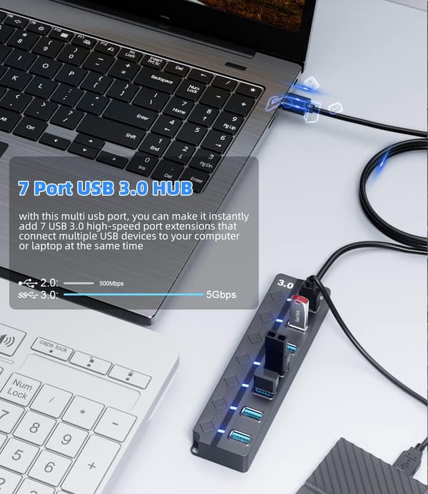 7 Port USB 3.0 Hub Extender med Individuel On/Off til Laptop, Surface Pro