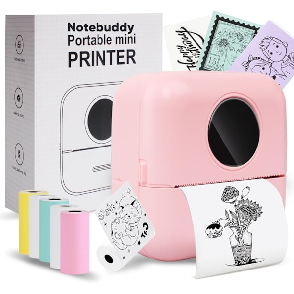 Bærbar Lomme Inkless Bluetooth Termisk Printer med 5 Ruller Papir til Dagbog/DIY Scrapbooking/Rejser/Noter Pink