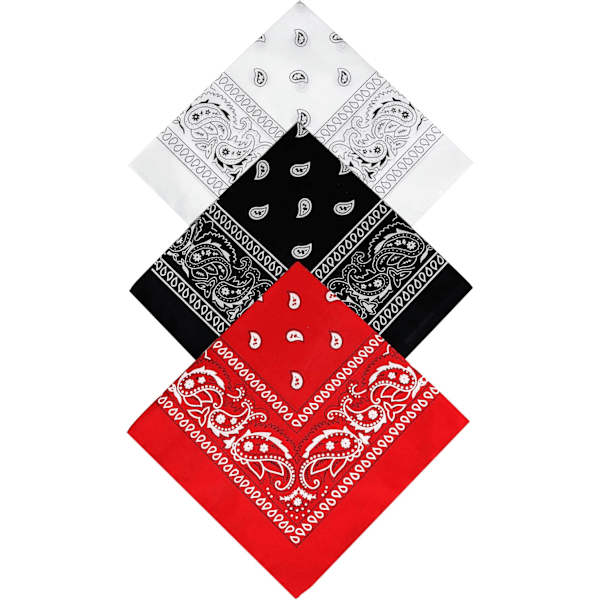 Bandana til mænd og kvinder, pakke med 3 hovedtørklæder, Paisley-mønstrede bandanas, hovedbeklædning, hårtørklæde, pirathovedtørklæde, hoved-biker (rød hvid sort, 55 x 55 cm)