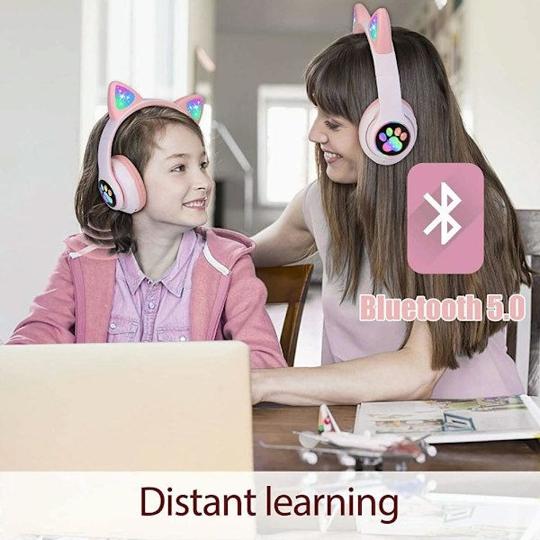 Auscultadores Bluetooth True Wireless Auscultadores LED Light Up Kids Bluetooth em orelha com/Microfone rosa