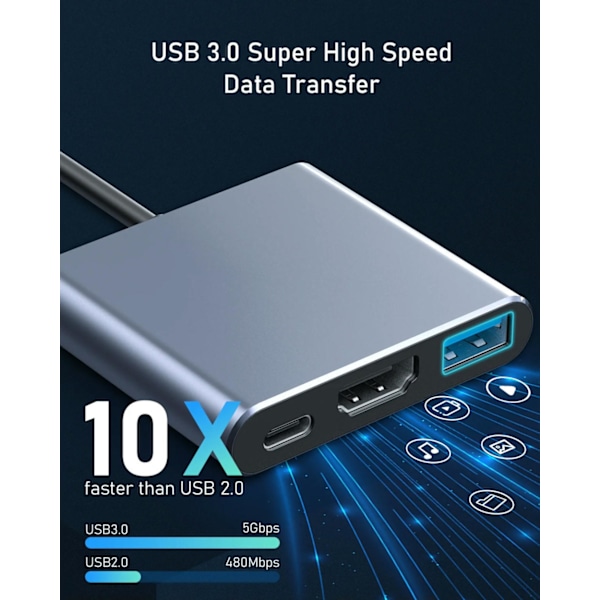 USB C - HDMI -sovitin, 4K-video- ja äänikommutoija. USB-keskitin PD 100 W:n pikalatauksella ja USB 3.0 -portilla 10 Gbps, sovitin MacBook Pro/Air -laitteille